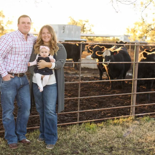 A man, woman and baby standing in front of cows.
